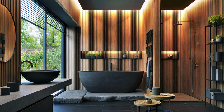 Warm timber slat wall in a premium bathroom interior
