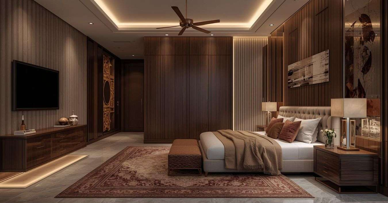 Fluted wood panel wall in a luxury bedroom