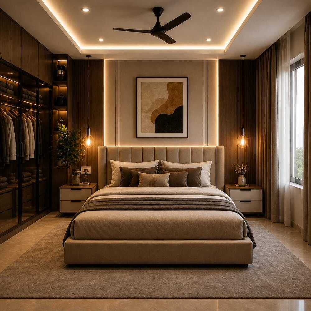 Warm bedroom interior finished with premium wood panelling