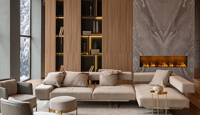 Living room finished with premium wood panelling and marble